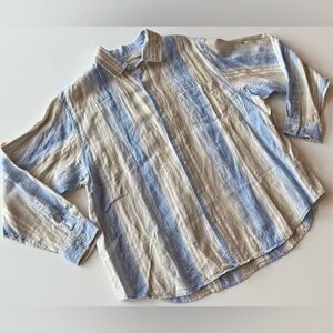Caribbean Men’s XL Linen Cotton Blend Long Sleeve Button Up Blue Tan Stripes
